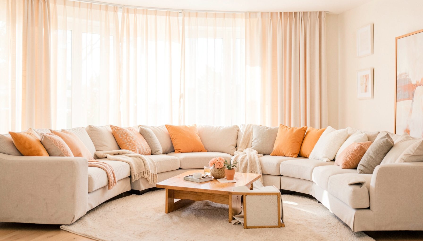 A bright, airy living room with soft neutral furnishings, warm natural light streaming through sheer curtains, and a calm, sophisticated atmosphere.
