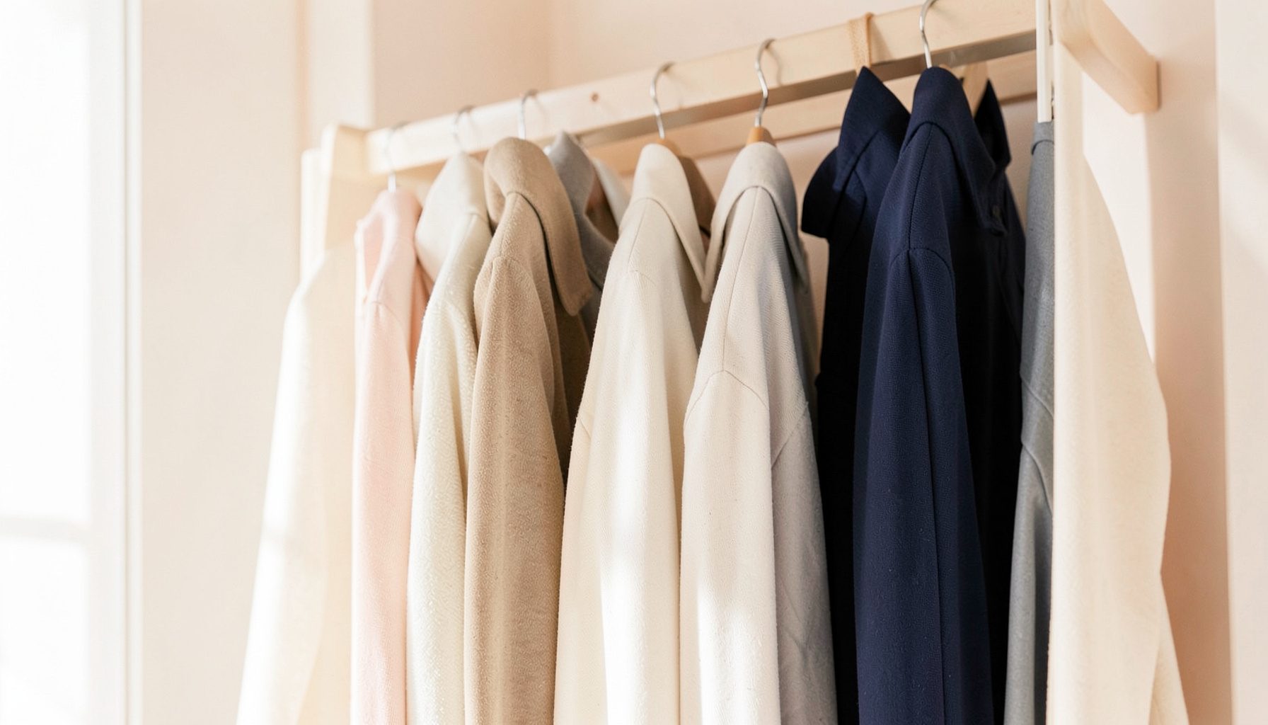 Softly lit wardrobe rail with hanging garments in muted neutrals, warm ivory, and deep navy, casting gentle shadows across a serene dressing space