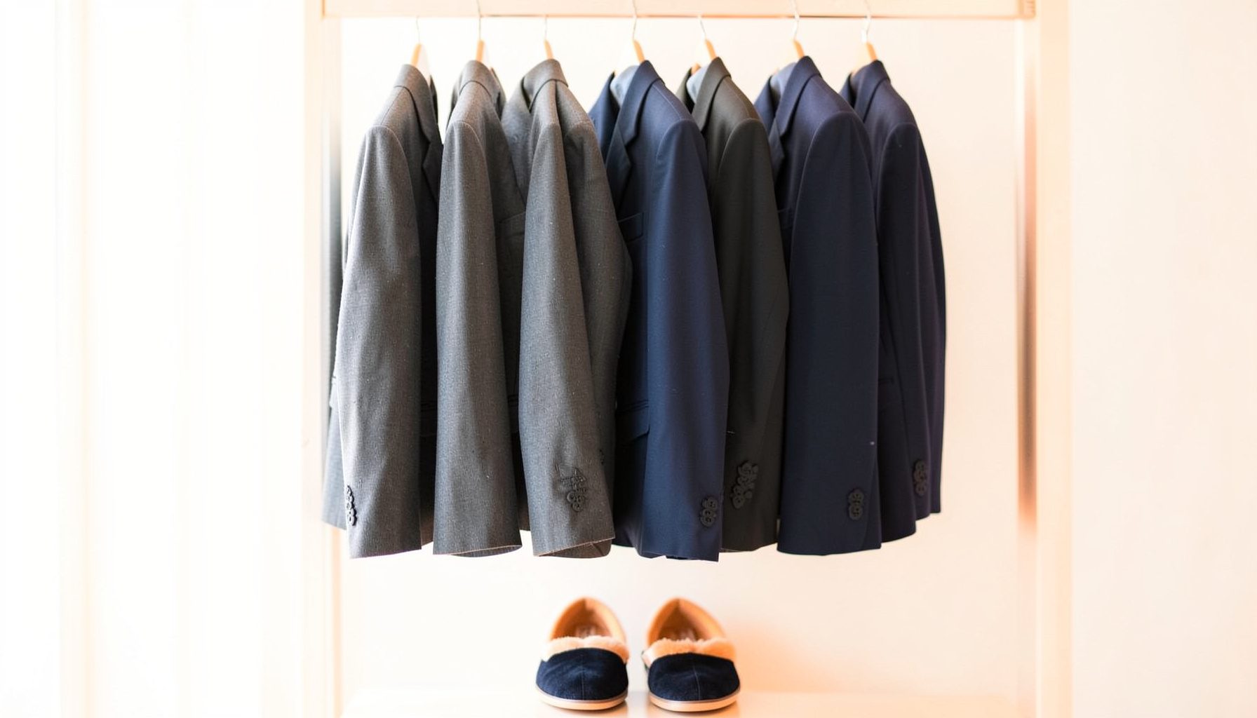 Tailored menswear in charcoal and navy hanging neatly, with a pair of smoking slippers visible below