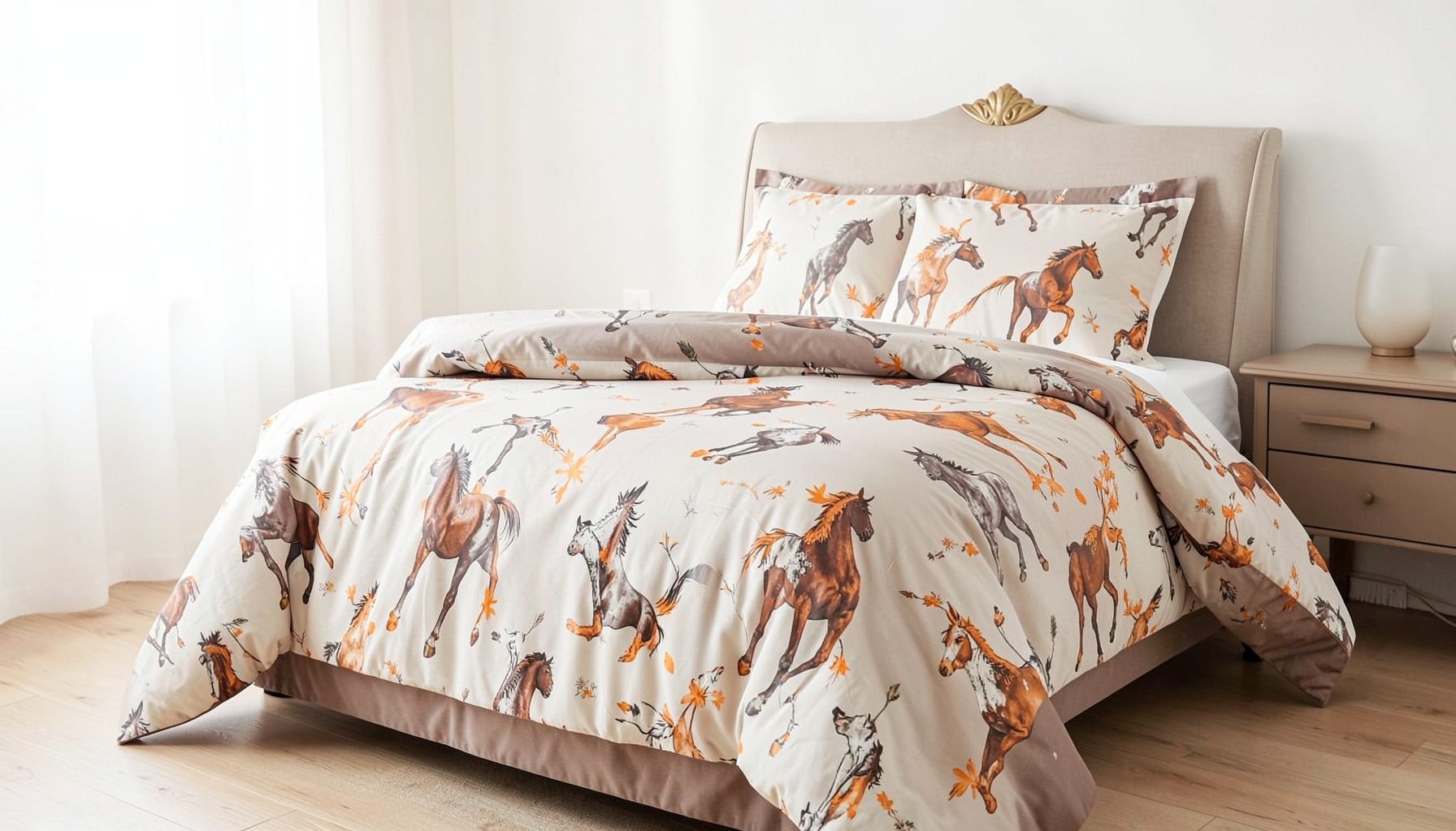 A king bed with a horse-motif duvet set, rich taupe and off-white tones