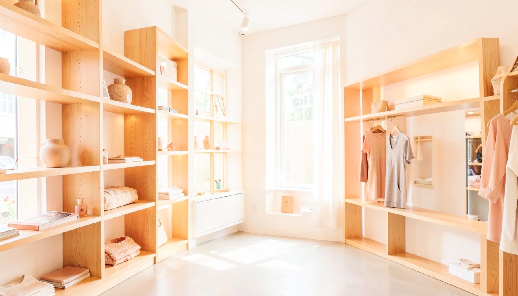 Bright, airy retail interior with warm wood shelving and soft natural light filtering through large windows, creating an inviting boutique atmosphere.