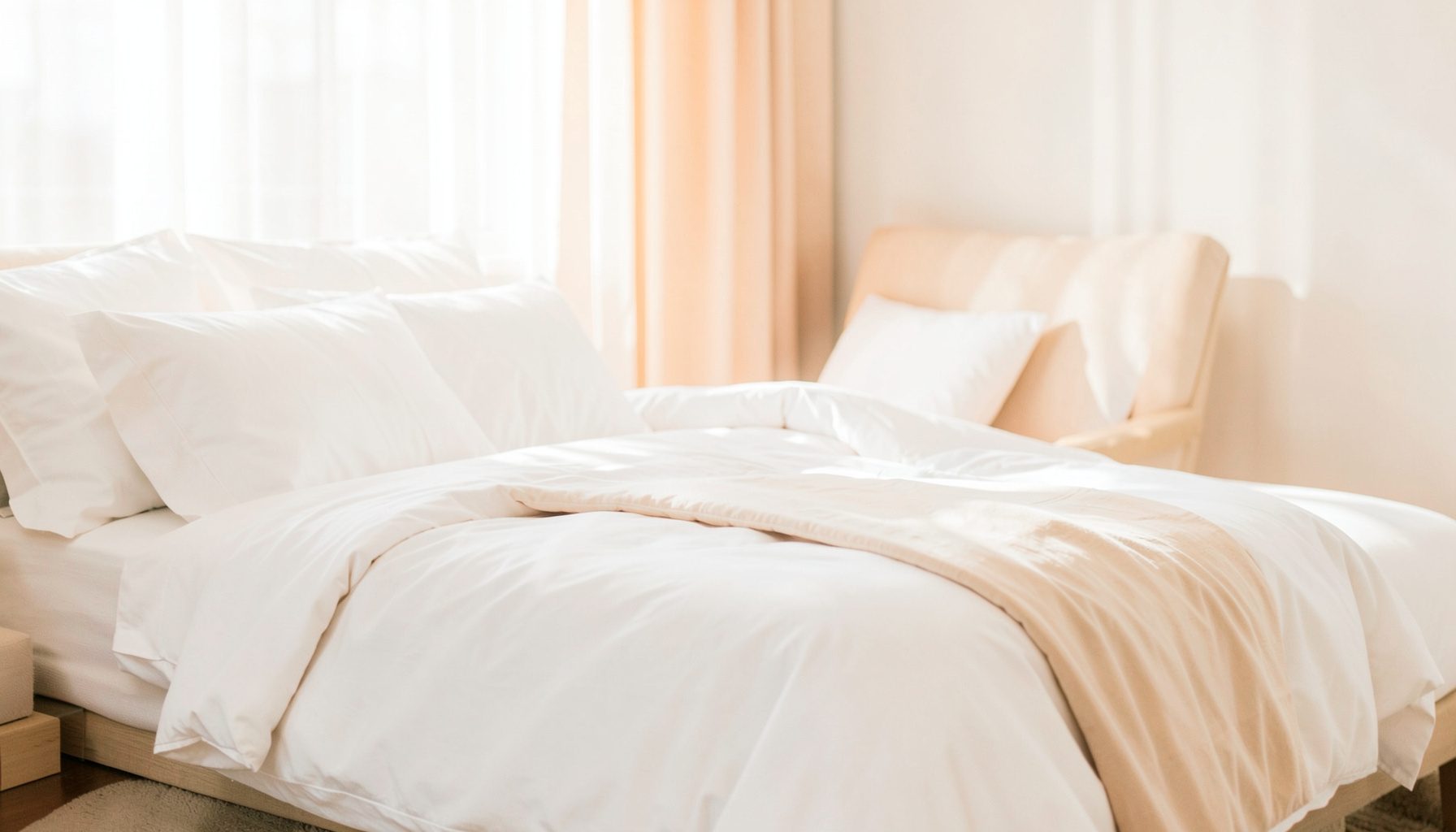 A softly lit bedroom with crisp white linens and a plush duvet, warm neutral tones and gentle morning light filtering through sheer curtains