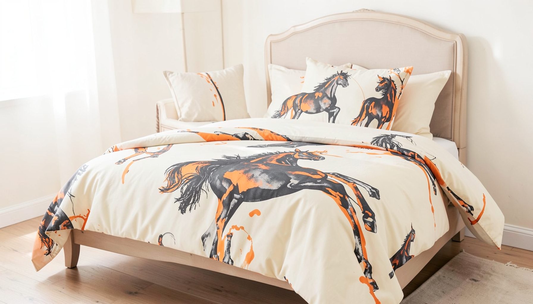 A queen bed with a duvet cover featuring a bold horse motif, warm cream and charcoal palette