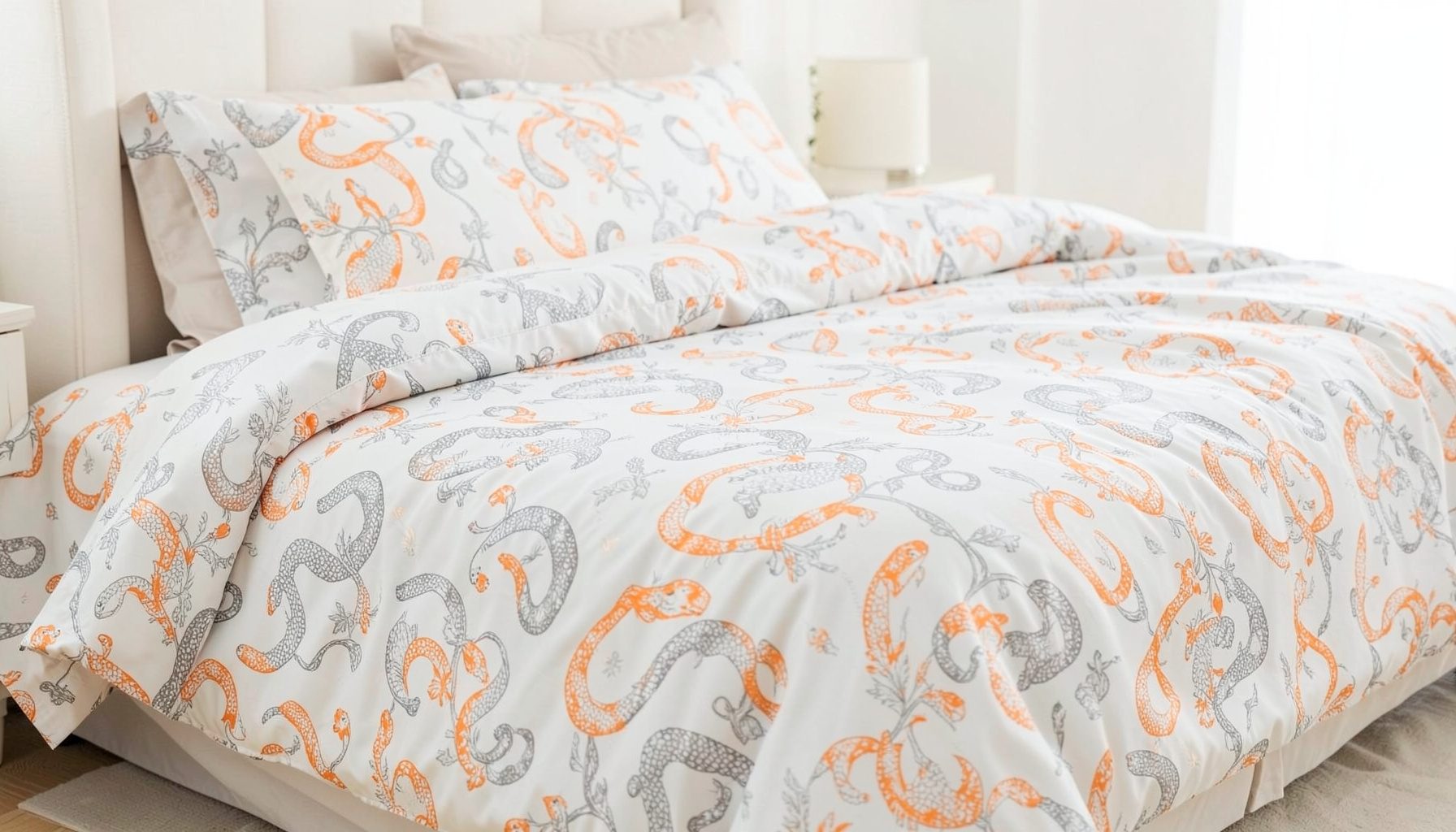A queen bed dressed in a patterned duvet cover with an elegant snake motif, soft grey and ivory tones