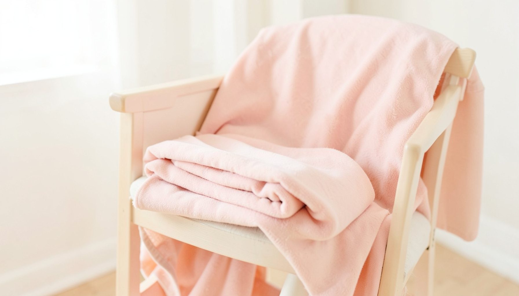 A folded brush silk baby blanket in soft blush pink, draped over a nursery chair