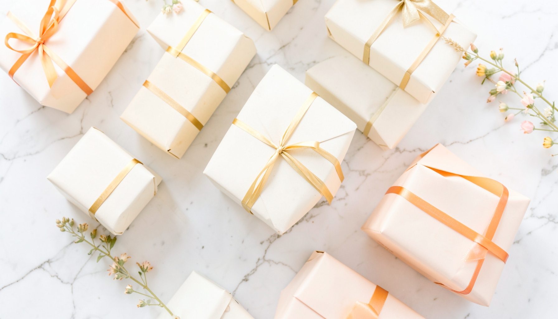 A bright, airy flat-lay of carefully wrapped gift boxes in soft cream and gold tones, arranged on a light marble surface with subtle botanical accents
