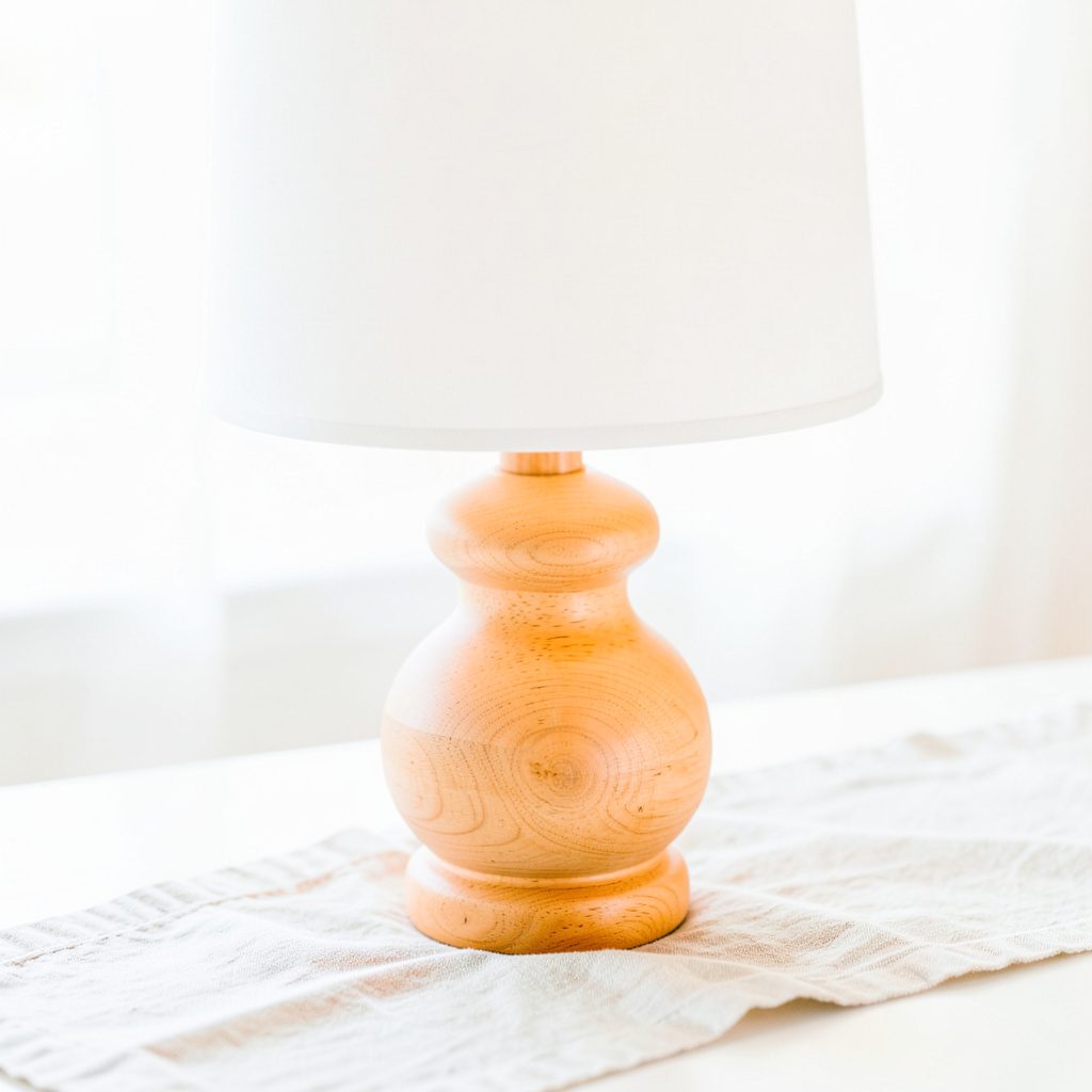 A beechwood wooden table lamp base with smooth turned contours, light natural grain, sitting on a linen runner