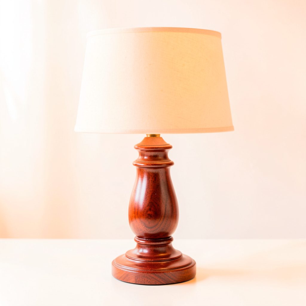 A mahogany wooden table lamp base with rich reddish-brown tones and a classic turned silhouette, warm and refined