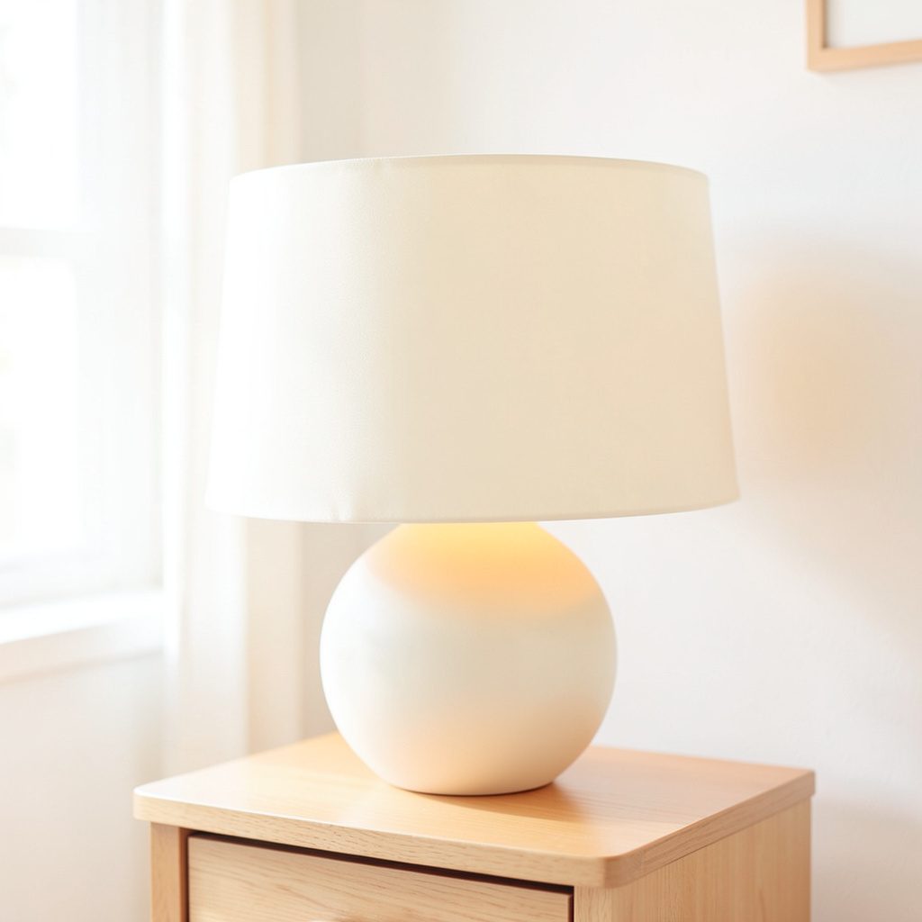 A large round silk lamp shade in ivory, smooth lustrous fabric, elegant drum shape on a bedside table