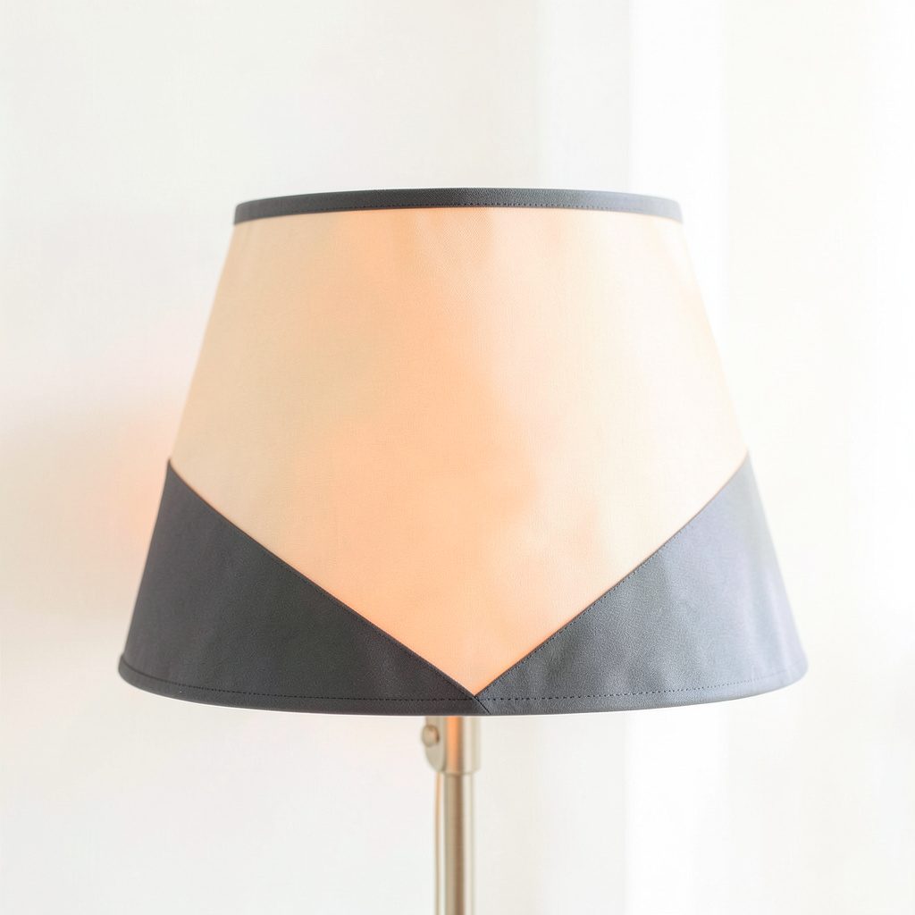 A two-tone silk lamp shade with contrasting inner and outer panels, soft beige and charcoal, sophisticated and modern