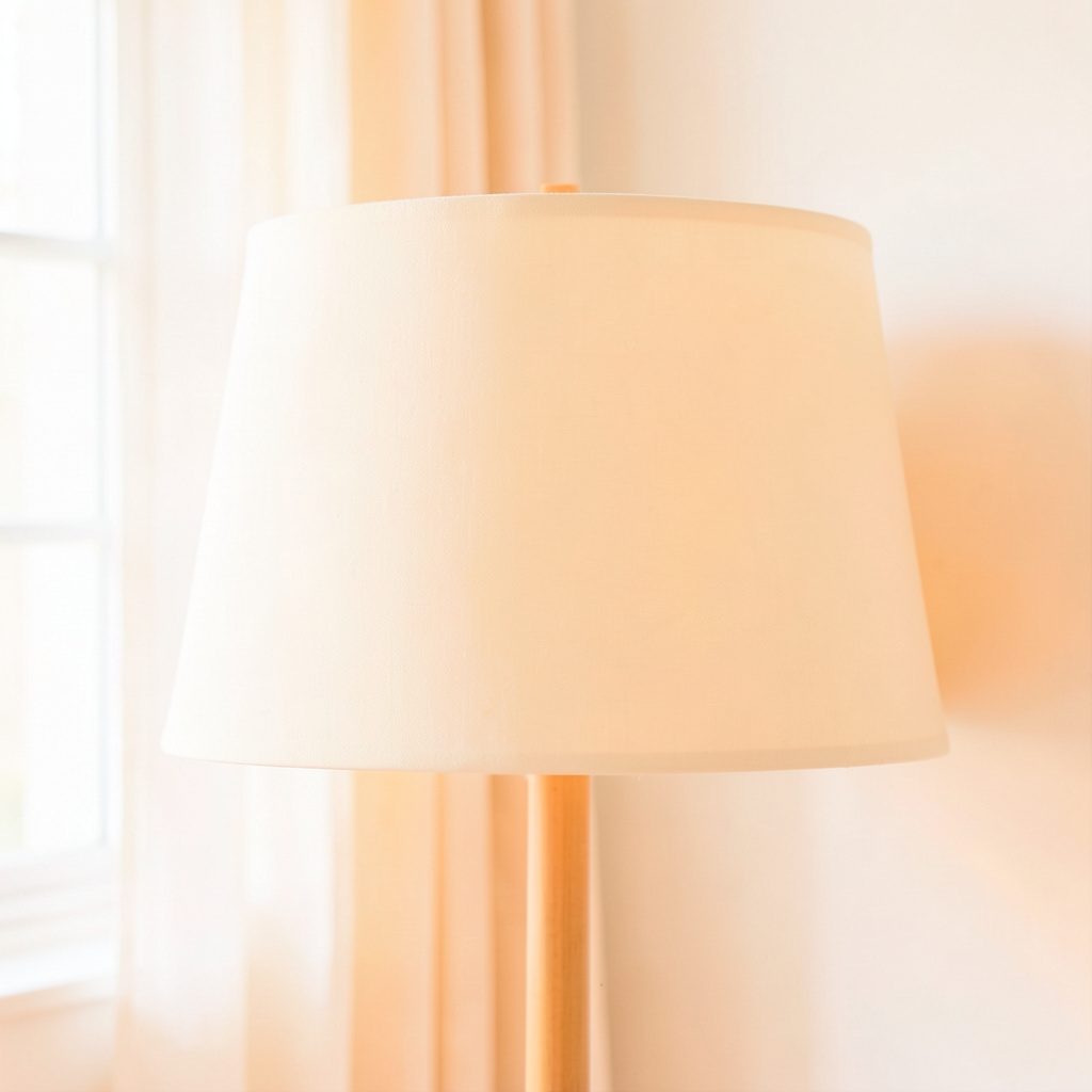 A large card lamp shade in warm cream, generous proportions, softly diffusing light in an airy room