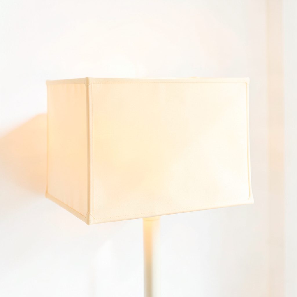 A rectangular silk lamp shade in pale champagne, clean lines and tailored corners, casting a warm glow