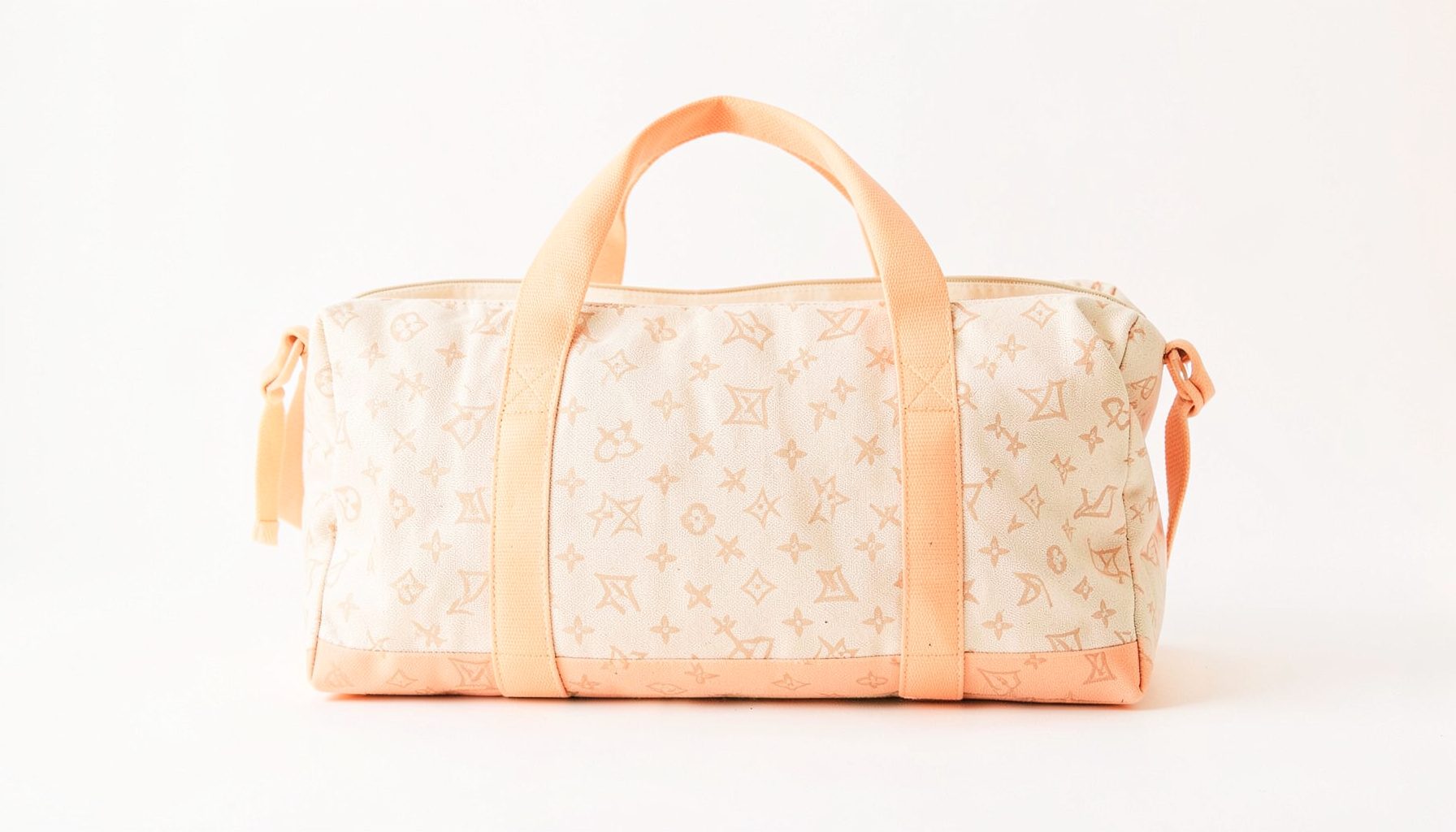 A structured canvas duffle bag featuring subtle monogram detailing, set against a light studio background