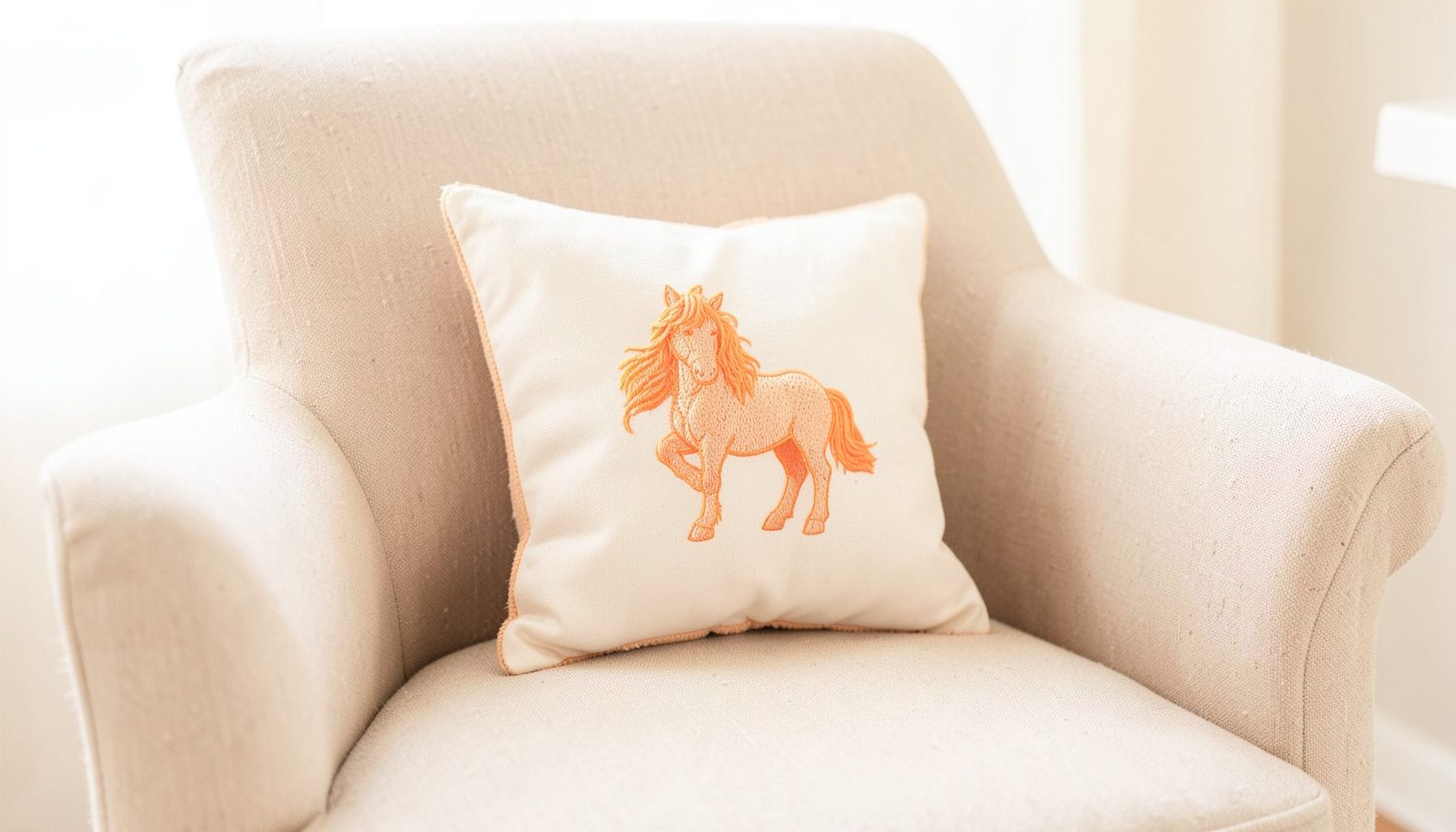 A small decorative pillow with an embroidered horse design, placed on an armchair, warm beige tones