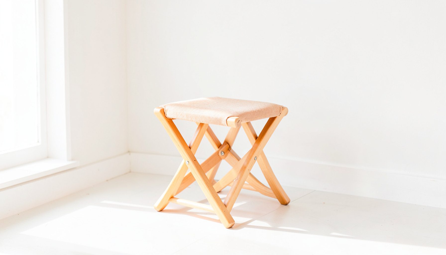 A compact folding stool in natural wood and canvas, photographed in a bright sunlit room with clean white walls