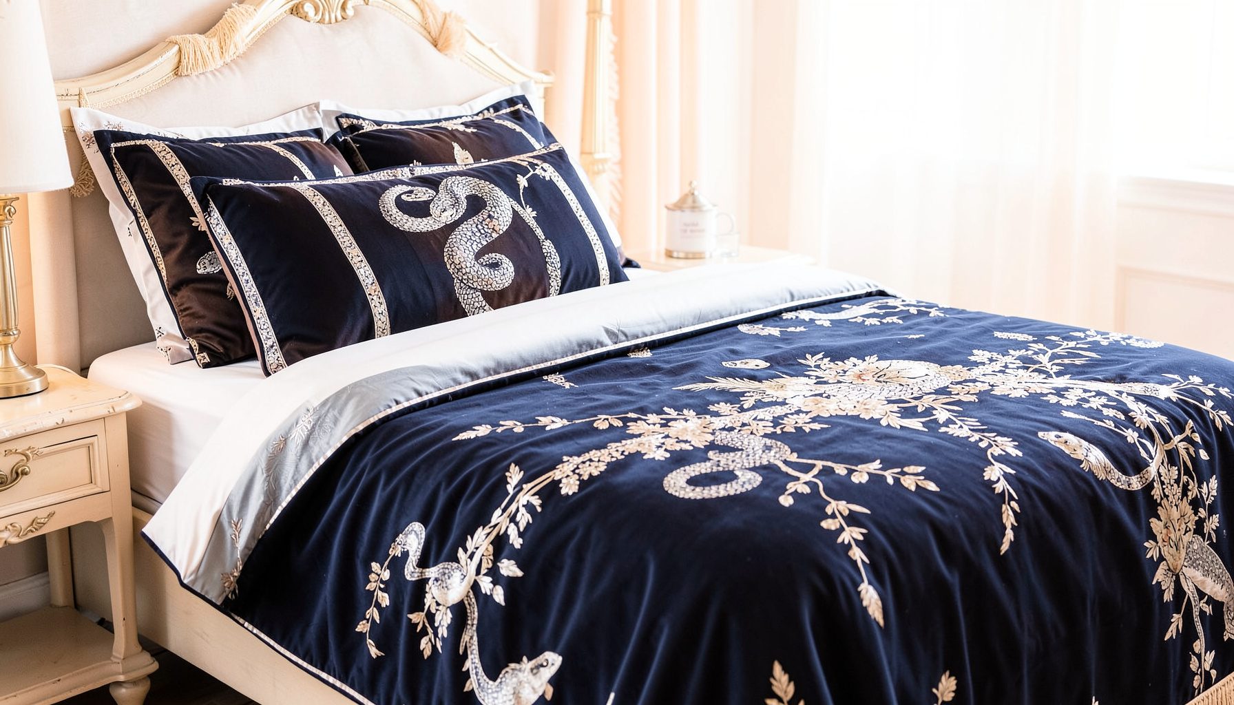 A king bed dressed in luxurious linens with a snake motif, deep navy and silver accents