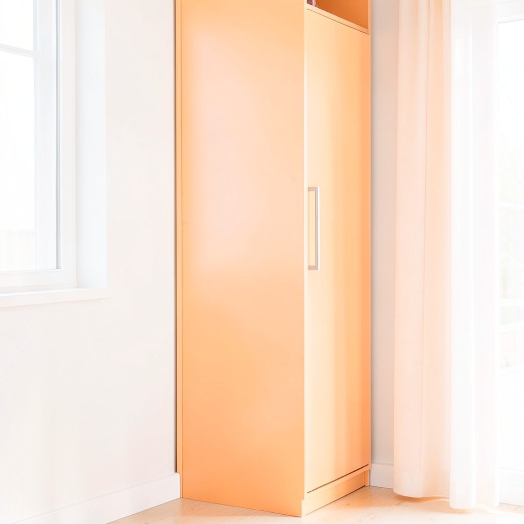 A well-organized wardrobe with neatly hung clothing in soft, muted tones and a clean, modern feel.